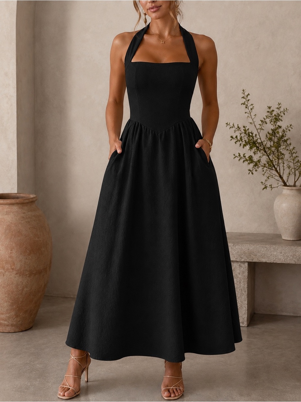 Classic Black Halter Midi Dress with Pockets
